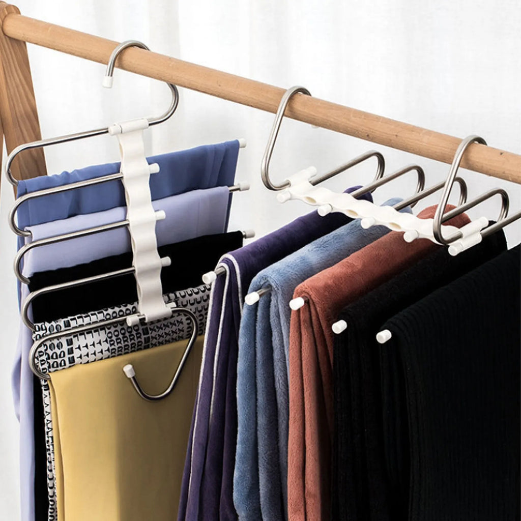5 in 1 stainless steel pants hanger with five detachable booms and hooks on each rod end, black, 47x18cm