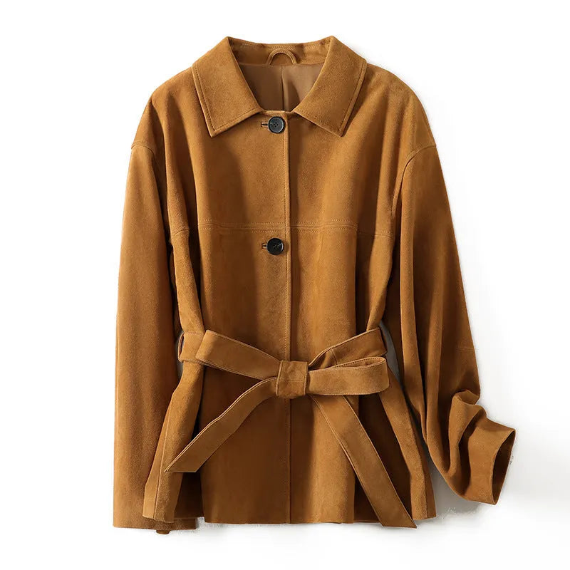 Women's loose-fit caramel mocha cashmere coat with a Peter Pan collar belt and leather stitching.