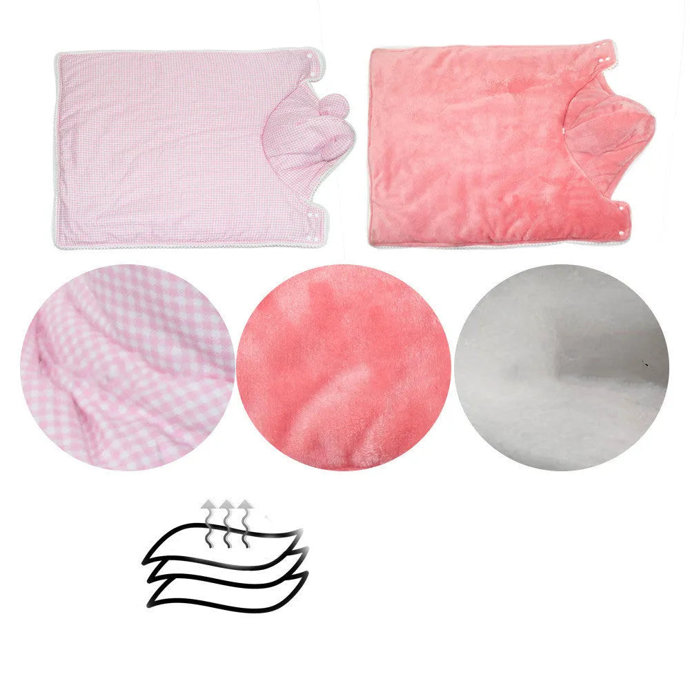 Cute plaid cotton dog cloak quilt with pink grid pattern on a small dog