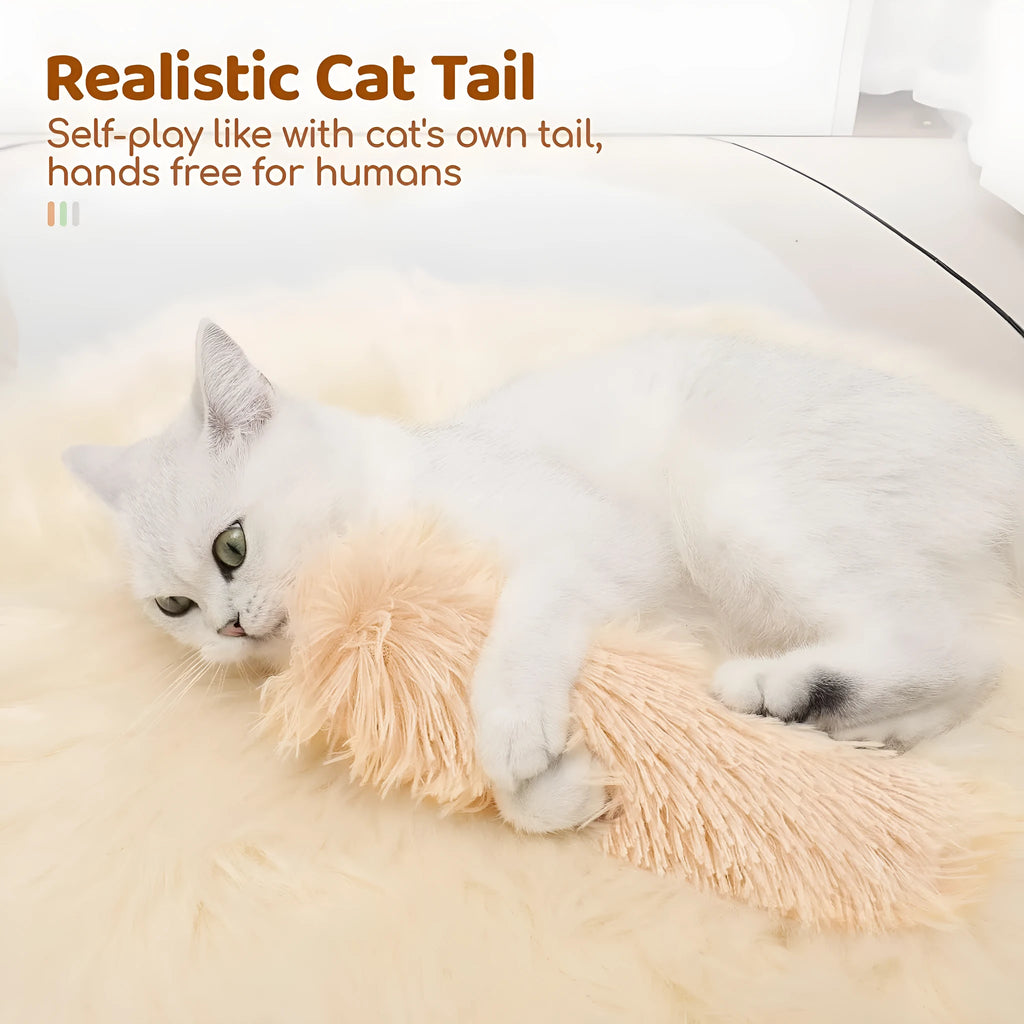 Plush cat toy pillow with squeaker in blue, green, pink, or white colours measuring 27cm by 10cm
