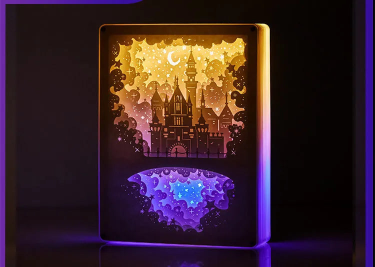 Modern bedside night light with paper carving design and remote control on wooden table