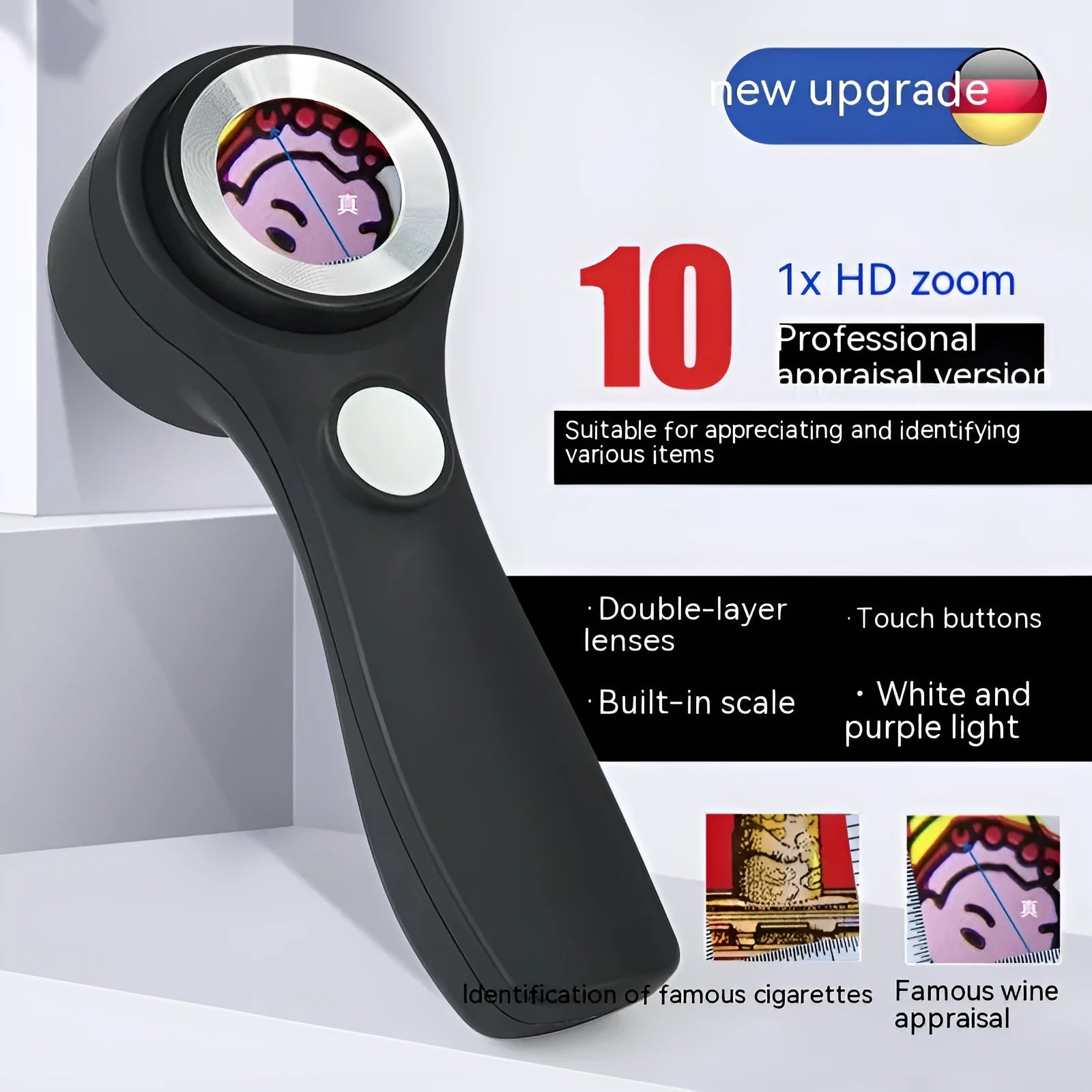Handheld appraisal magnifying glass with optical glass lens in black and silver on white background