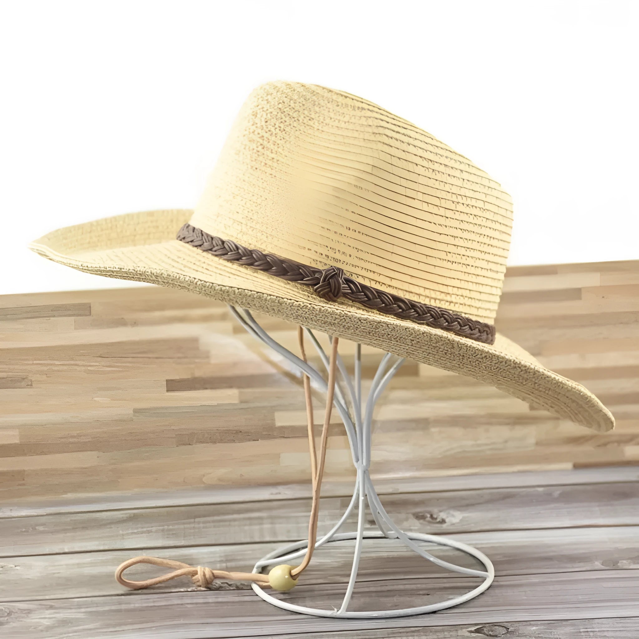 Men's foldable straw sun hat with wide brim in beige colour shown in three different sizes