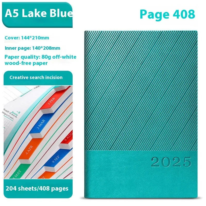 Business notepad with striped PU leather cover showing eight colour options and A5 dimensions