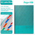 Business notepad with striped PU leather cover showing eight colour options and A5 dimensions