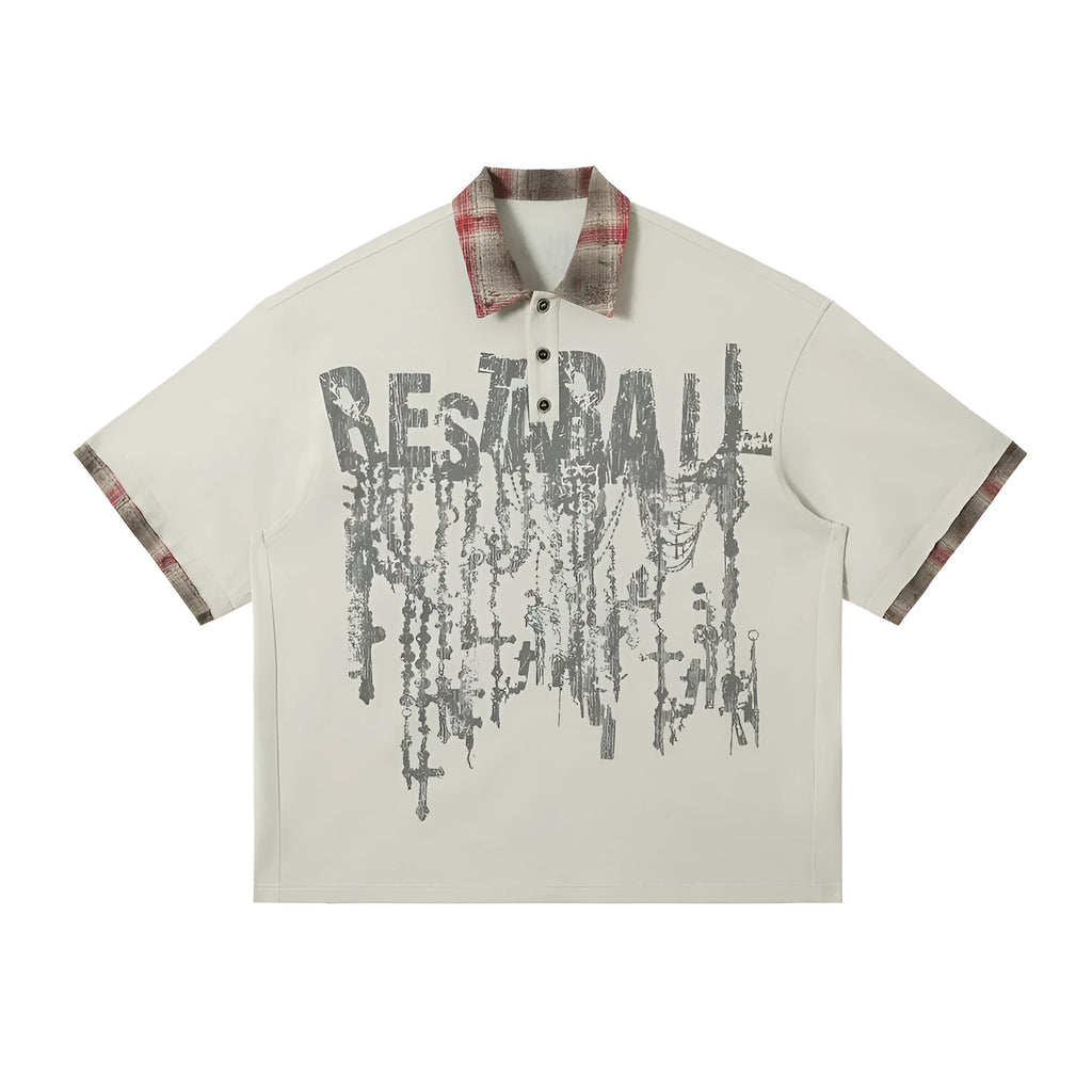 Men's loose fit cotton top with graffiti print and asymmetric lapel in blue or red