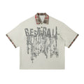 Men's loose fit cotton top with graffiti print and asymmetric lapel in blue or red