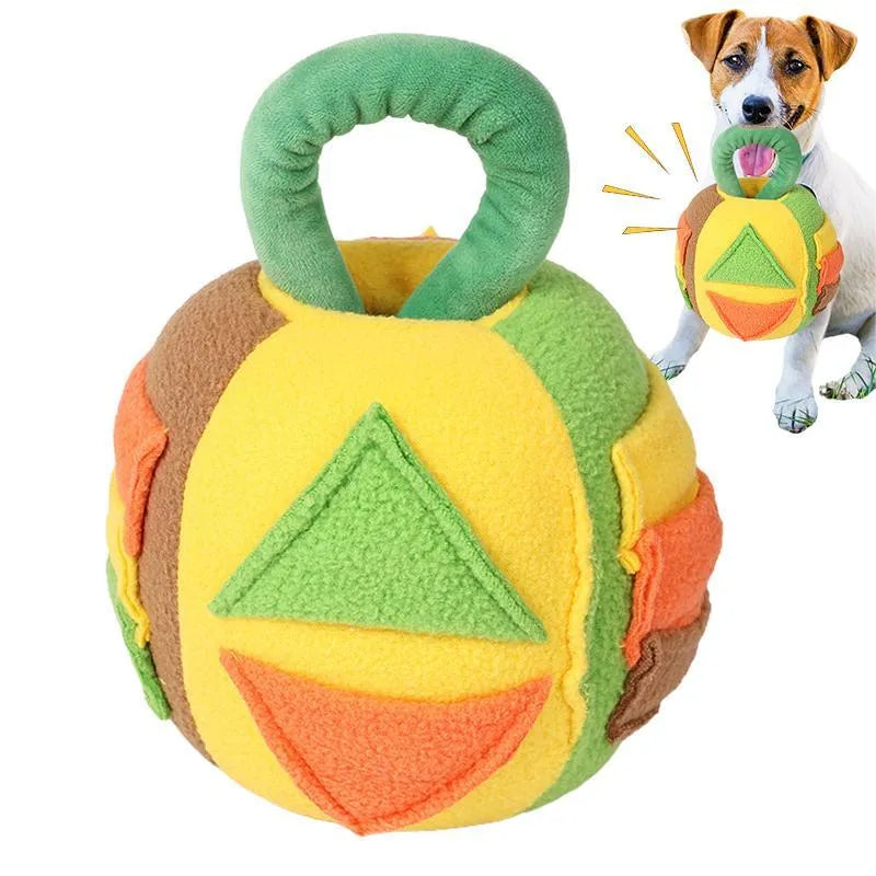 Green and pink polyester plush squeaky ball dog toy with snuffle pockets for treats.