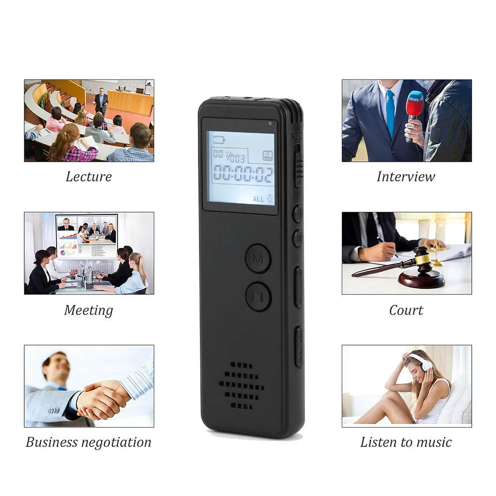 Black digital voice recorder with screen, microphone, and control buttons.