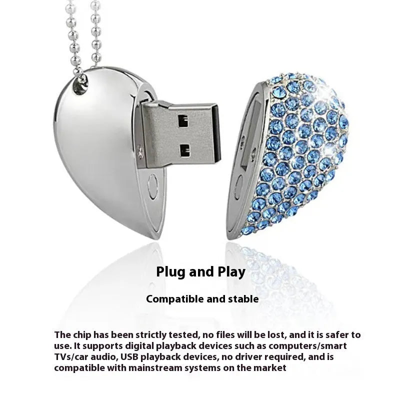 Blue heart-shaped USB flash drive with brick-inlaid pattern on metal body, showing USB connector.