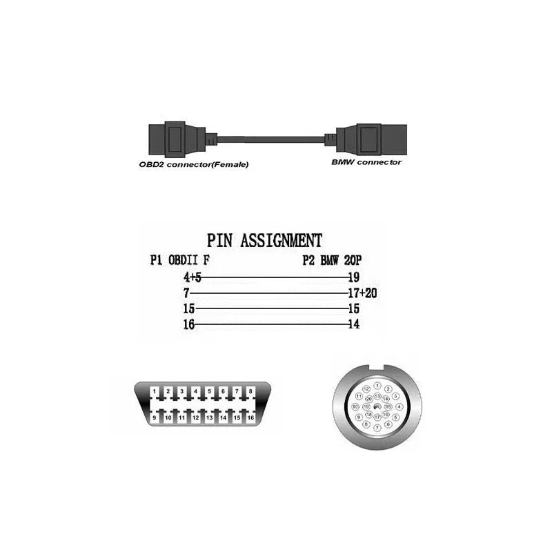 BMW OBD2 20-pin to 16-pin diagnostic cable adapter for vehicle scanner compatibility