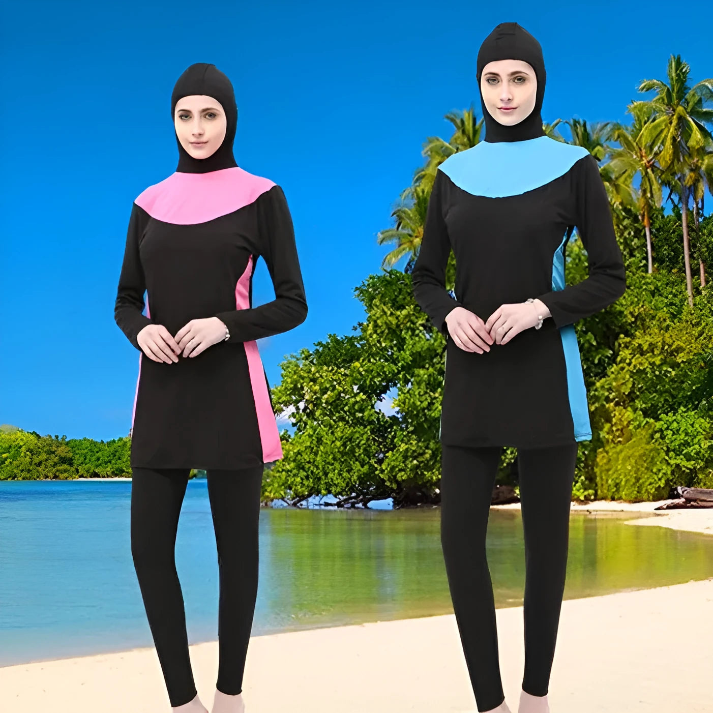 Women's black hooded long sleeve swimsuit two-piece set with contrasting trim