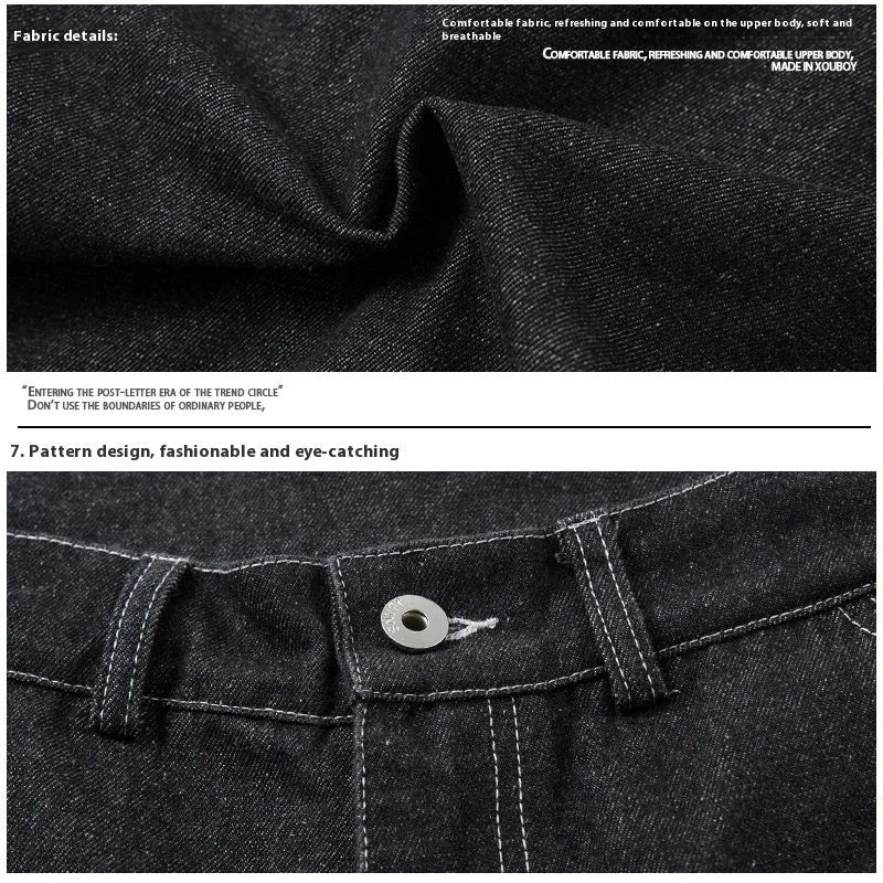 Black multi-pocket pleated denim workwear jeans for teenagers front view