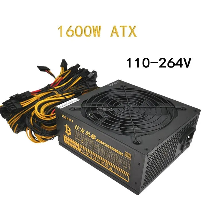 Black server power supply unit with multiple cable connectors including twelve 6+2 pin graphics card interfaces