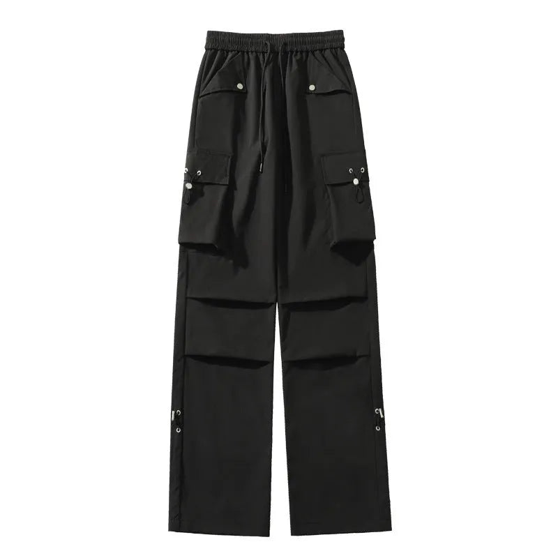 Plus size loose-fit waterproof straight-leg trousers in black on a hanger.
