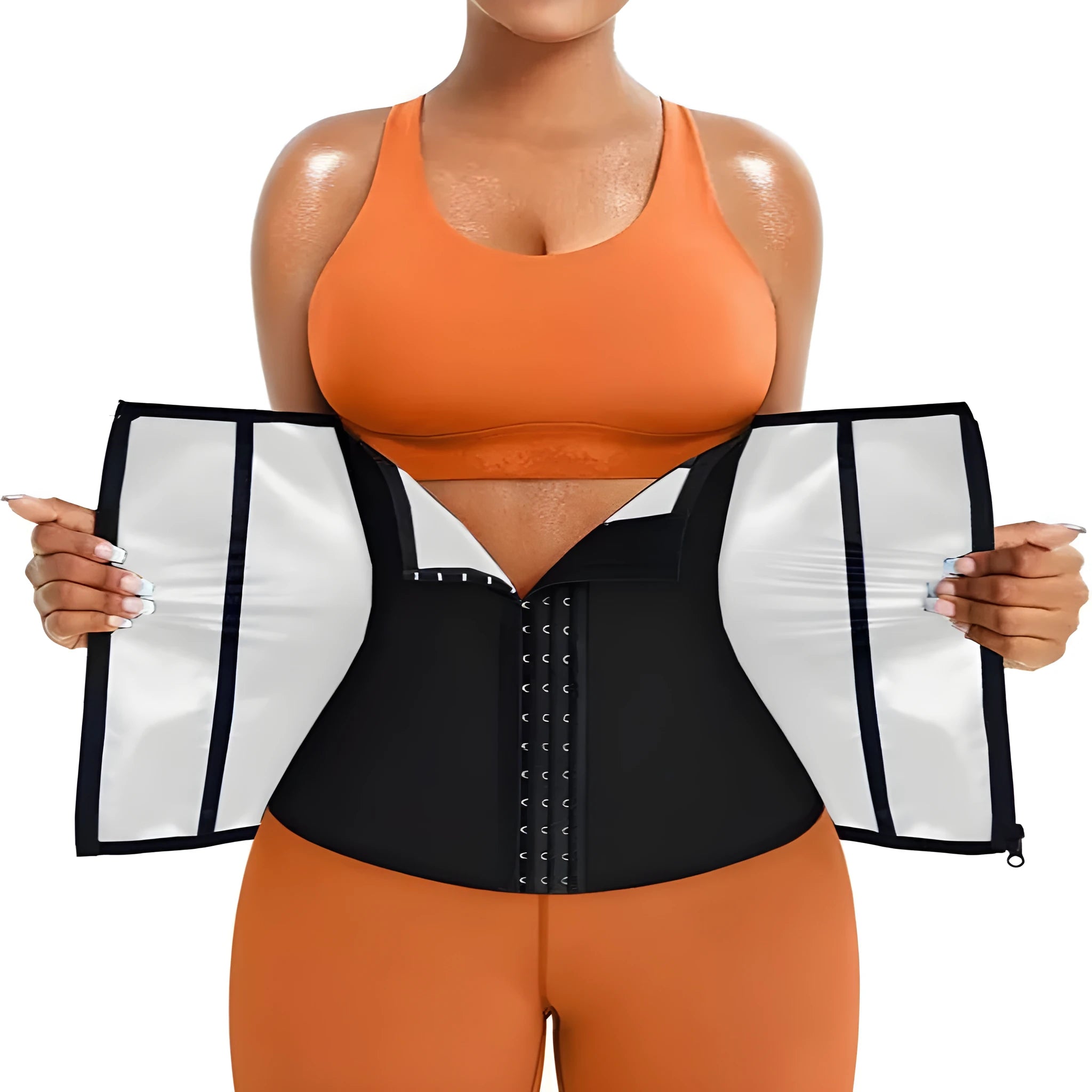 A neoprene sports waist shaping belly belt with an adjustable strap, shown in blue and silver colour options.