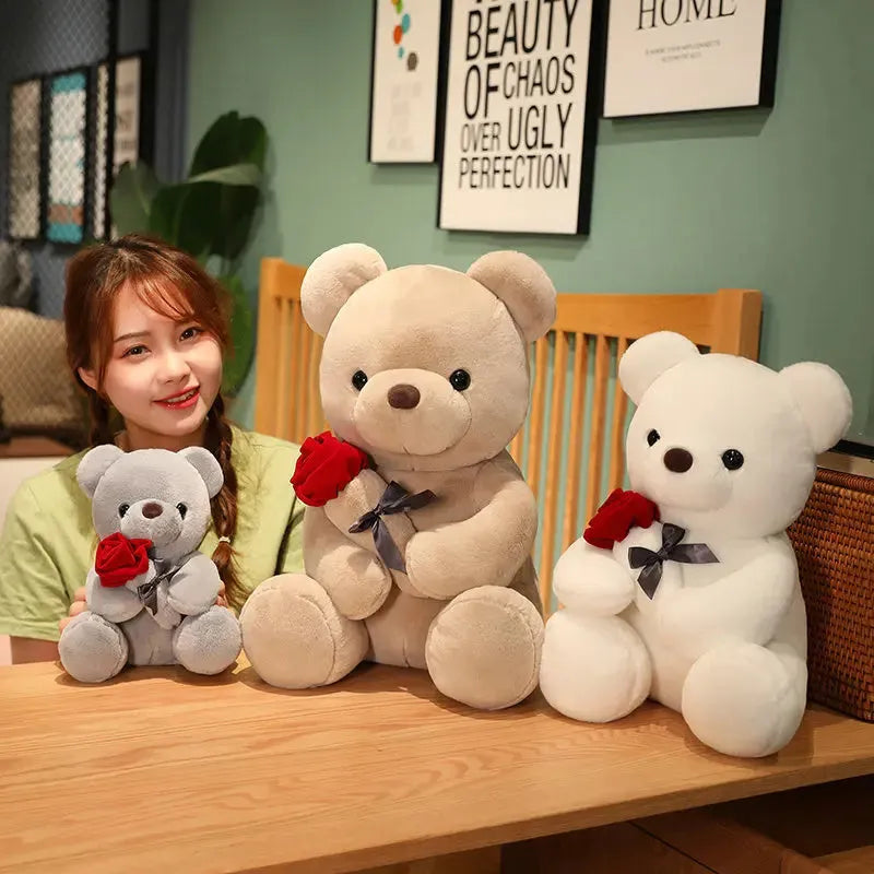 Soft plush rose bear teddy doll in beige, brown or grey colours with PP cotton stuffing