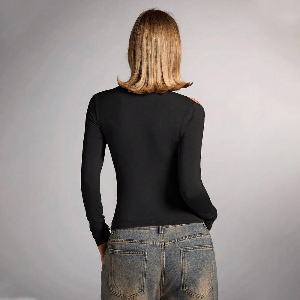 Black women's slim-fit halter top with long sleeves on a model.