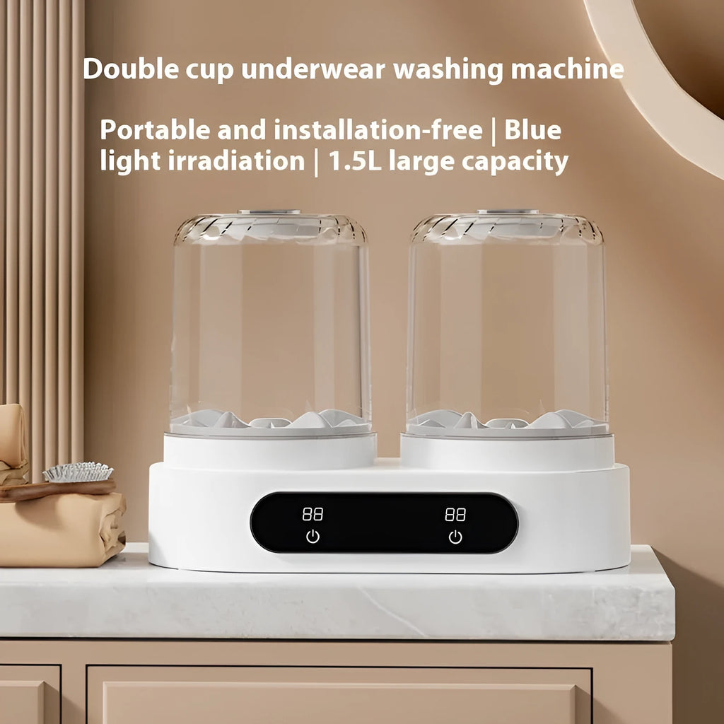 White double bucket USB portable mini washing machine for underwear on a countertop.