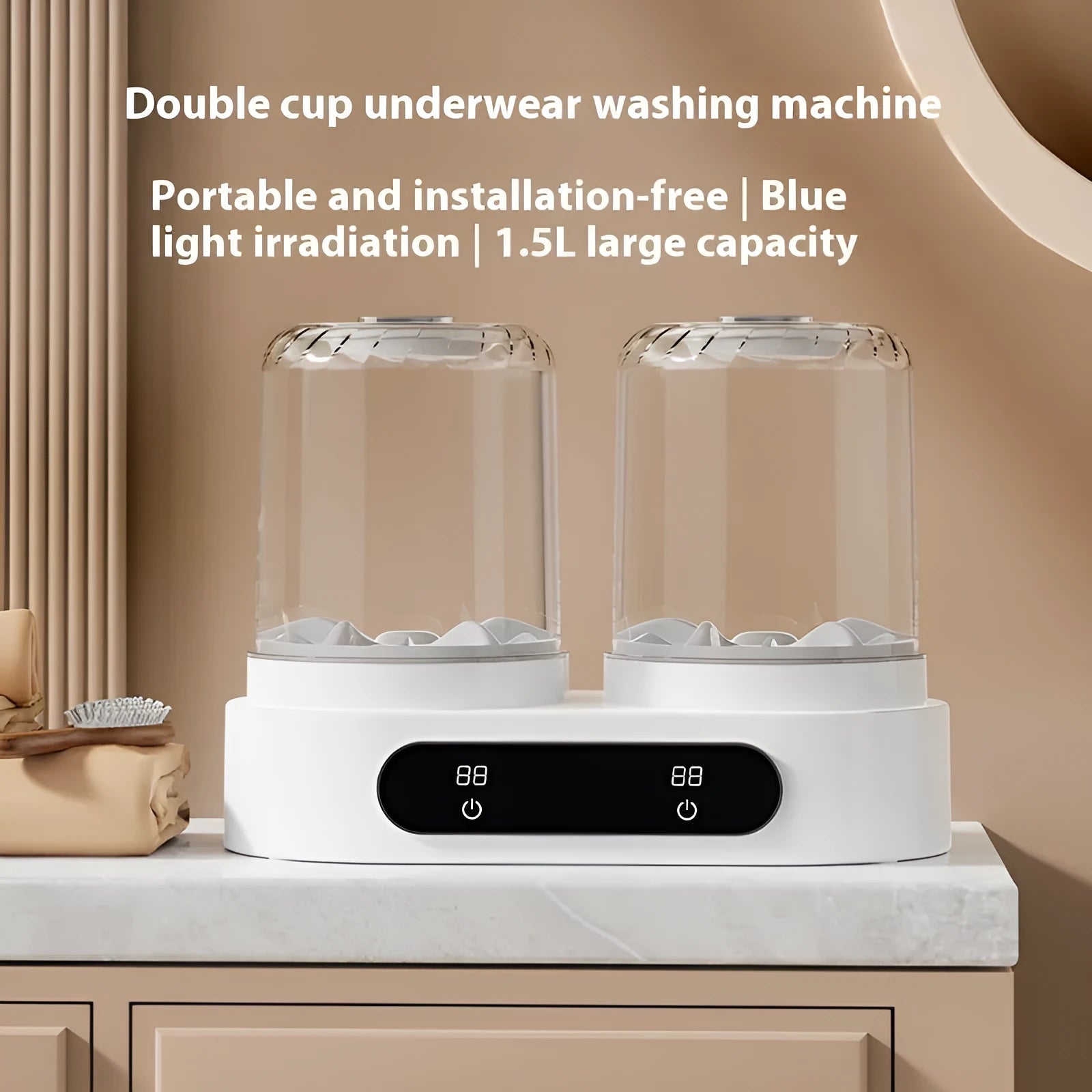 White double bucket USB portable mini washing machine for underwear on a countertop.