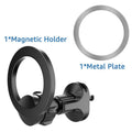 Black magnetic car phone holder clipped to a car air vent with a smartphone attached.