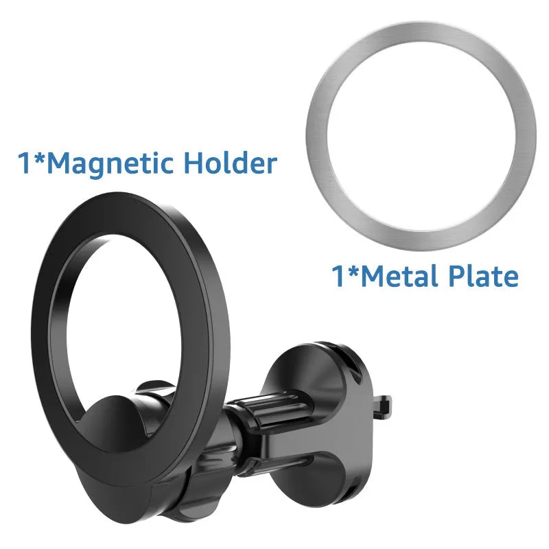 Black magnetic car phone holder clipped to a car air vent with a smartphone attached.