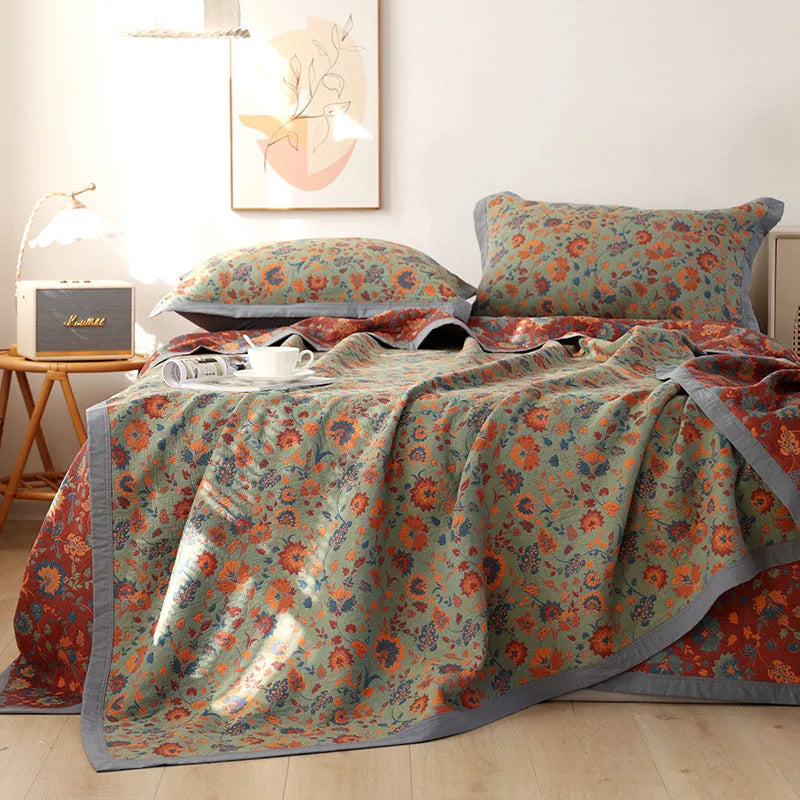 Cotton gauze bed blanket three-piece set with plant and flower pattern design