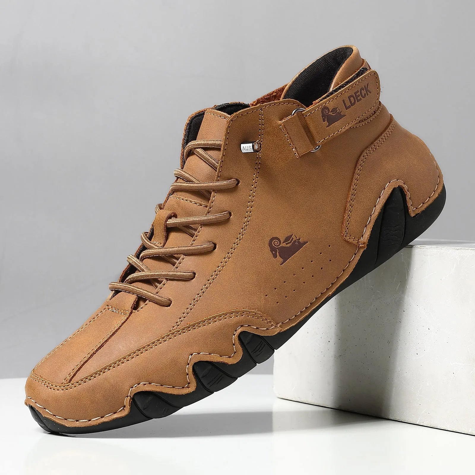 Men's high-top octopus design shoes in khaki, flat rubber sole, microfiber upper.