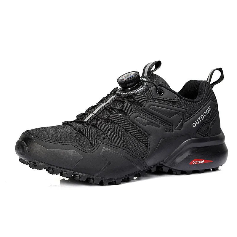 Men's beige elastic band hiking shoes with a synthetic leather upper and rubber sole.