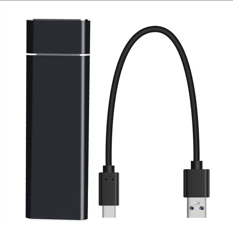 Sapphire blue portable external solid state hard drive with metal shell, shown next to its USB cable.