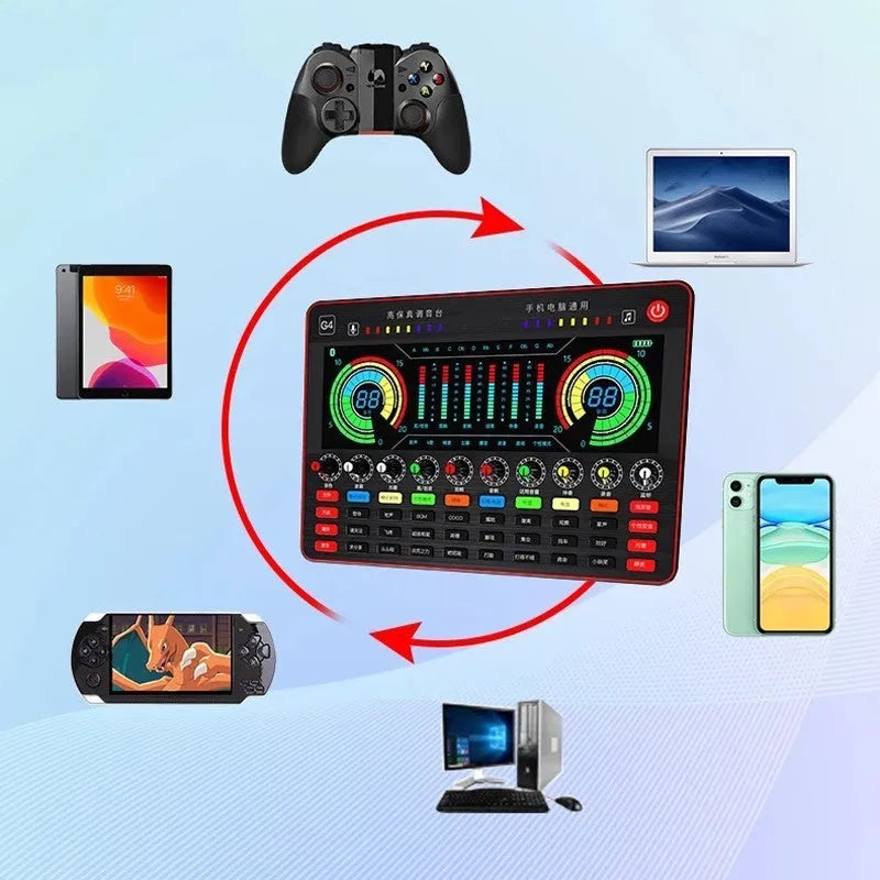 G4 professional live broadcast sound card set with LCD screen, microphone, audio cables, and remote control.