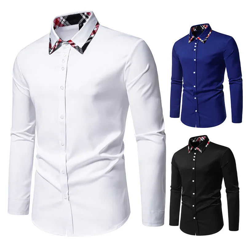 Men's blue plaid long sleeve shirt with a white contrast triangle collar, cardigan style