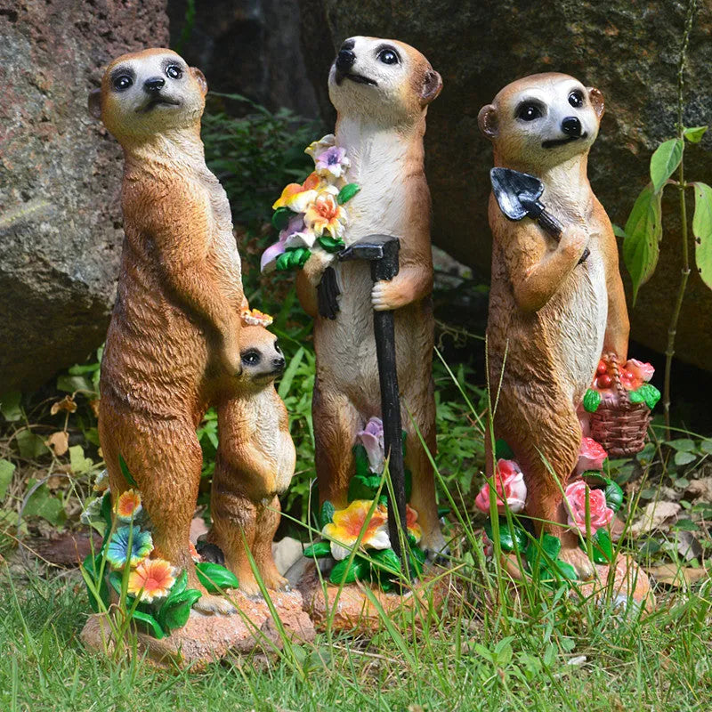 Plastic resin mongoose ornaments with straw hats for garden decoration in yellow brown colour