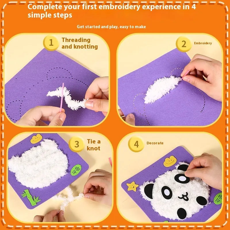 Children's DIY wool embroidery kit with cartoon animal design on 15cm cloth base