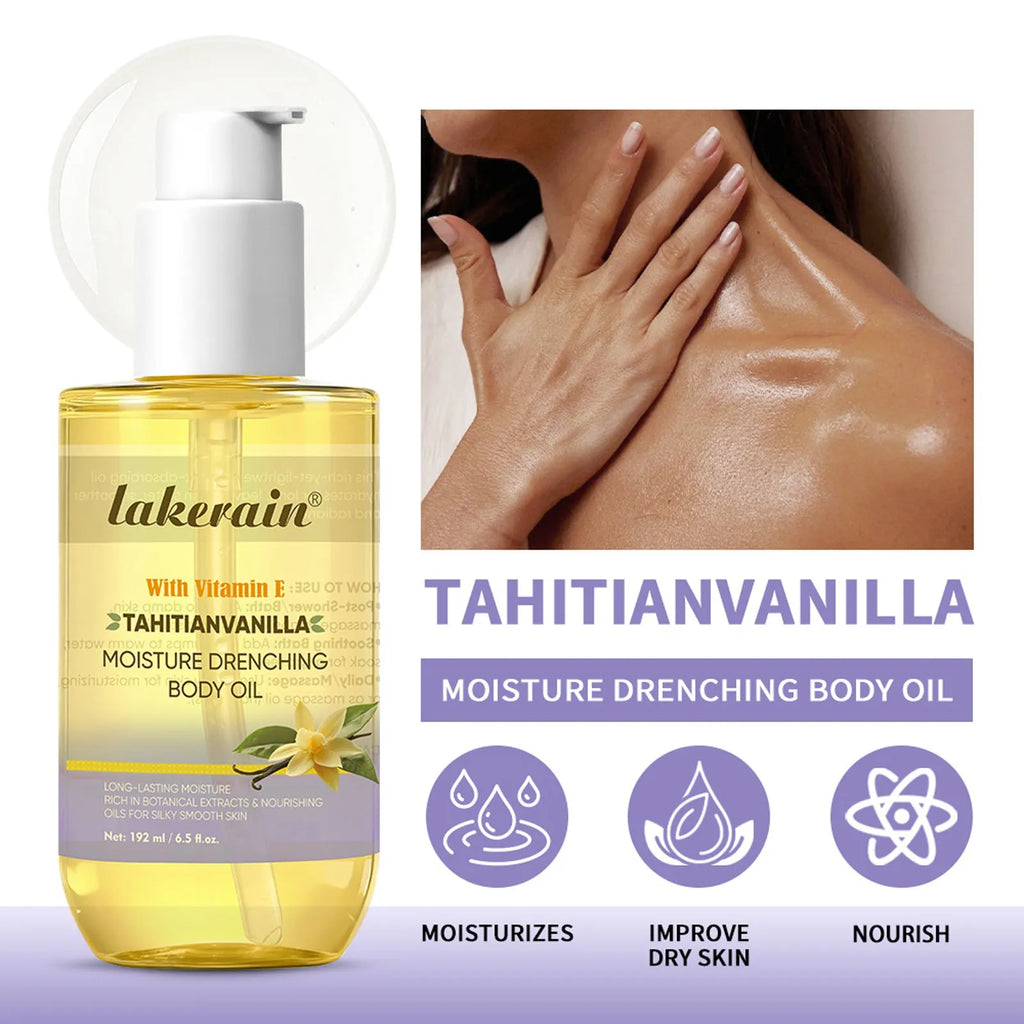 Vanilla flavoured moisturizing body oil in 192ml bottle for all skin types