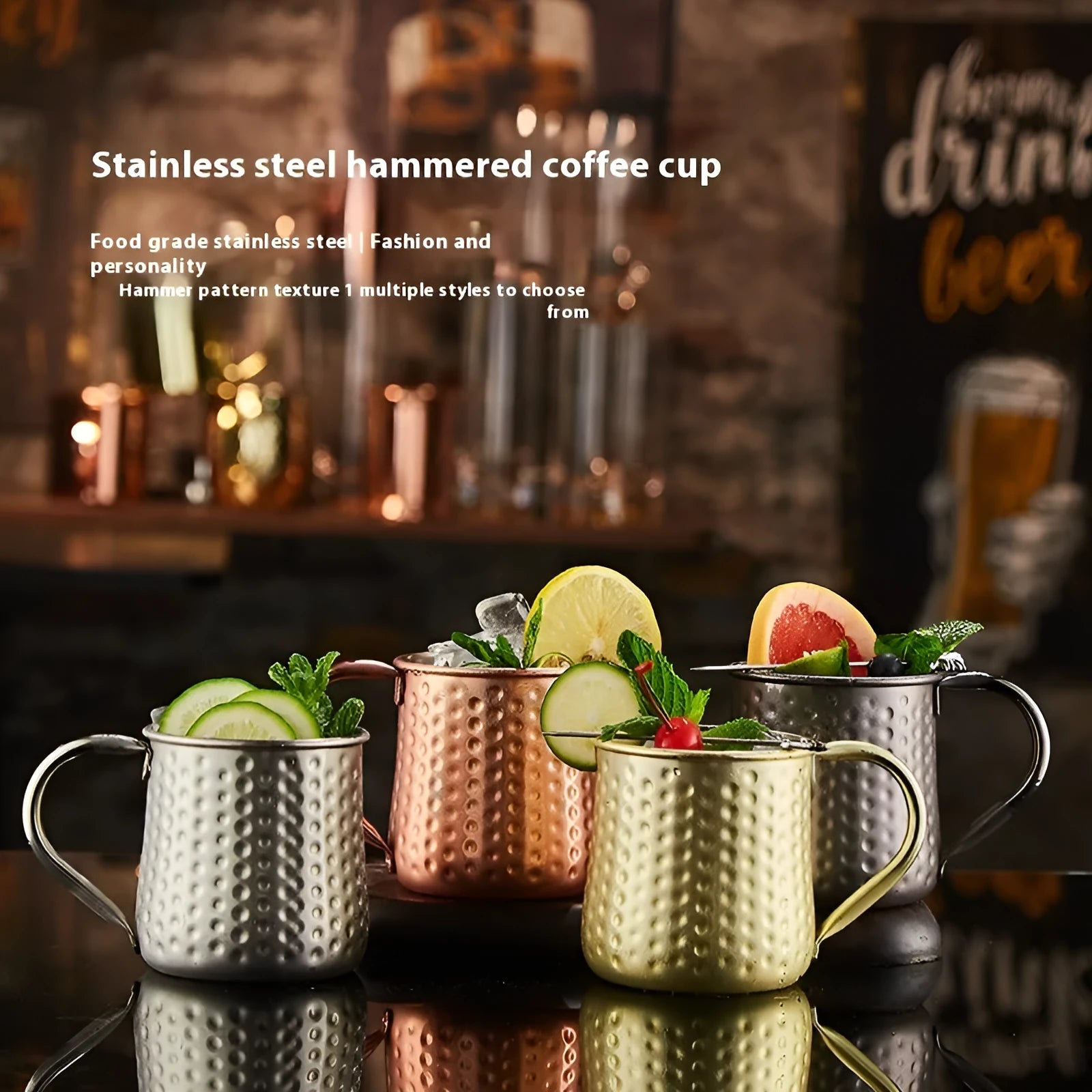 Stainless steel Moscow mule cup with copper-plated finish in hammer point design