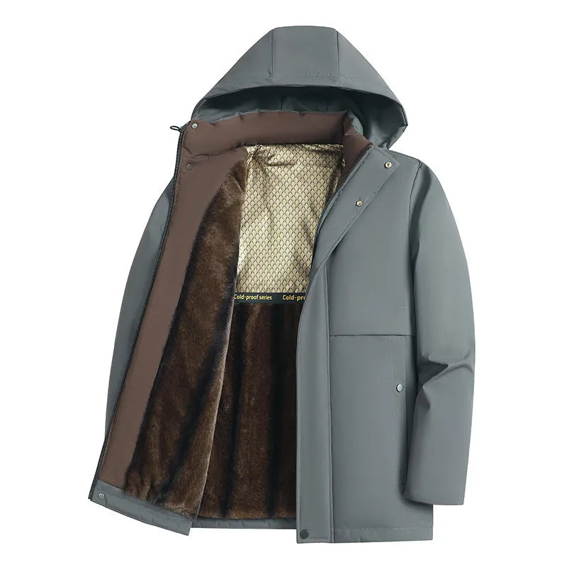 Men's fleece-lined thickened hooded winter coat in solid colour, side seam pockets, cardigan style
