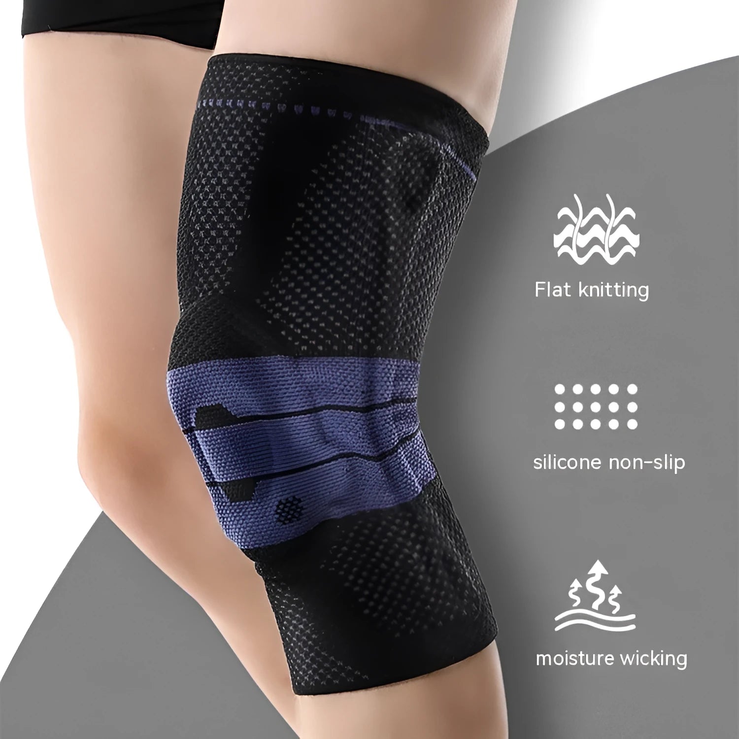Adult sports knee pad in black and blue colour, size L, made from nylon and spandex.