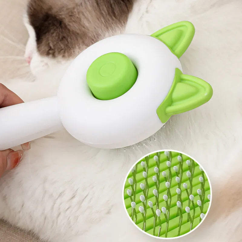 Self-cleaning pet grooming comb with stainless steel teeth in greenish white and orange white colour options