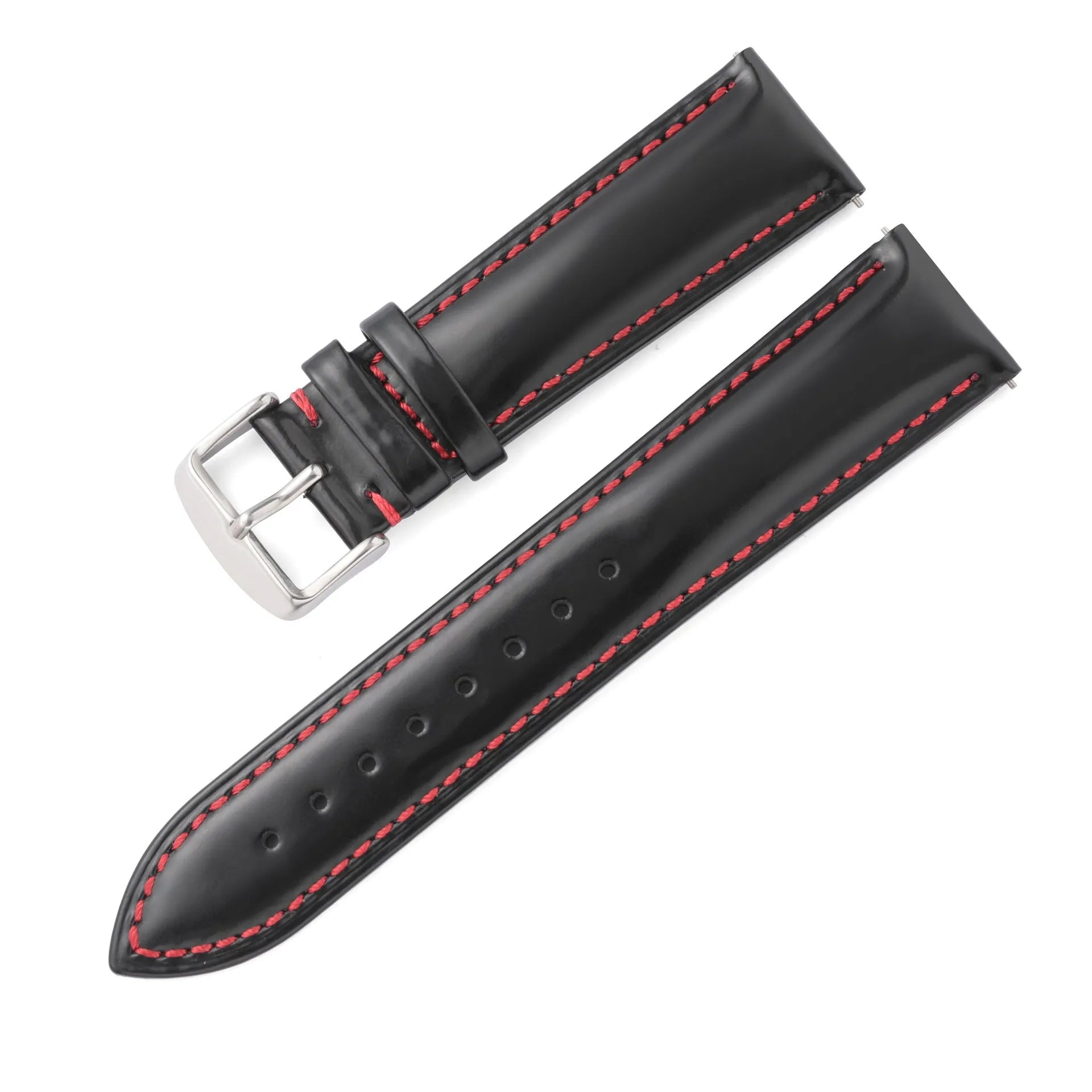 Quick release leather watch strap in bright cowhide, shown in multiple colour and width options.