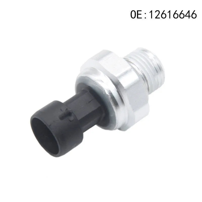 Silver metal automotive fuel pressure sensor for part numbers 12616646, 12677836, D1846A.