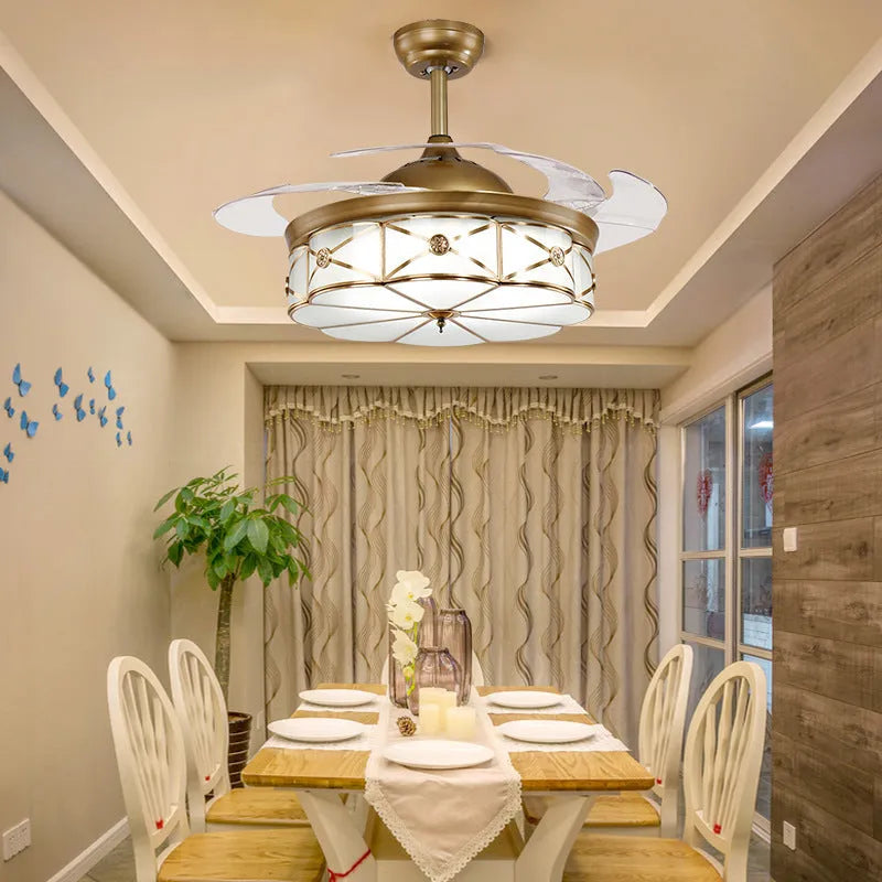 Gold 42-inch ceiling fan light with invisible PC blades and remote control