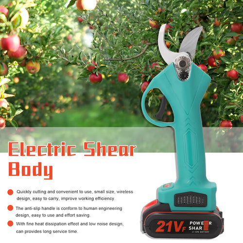 21V rechargeable garden pruning shear with black plastic body, steel blade, and two batteries in plastic box