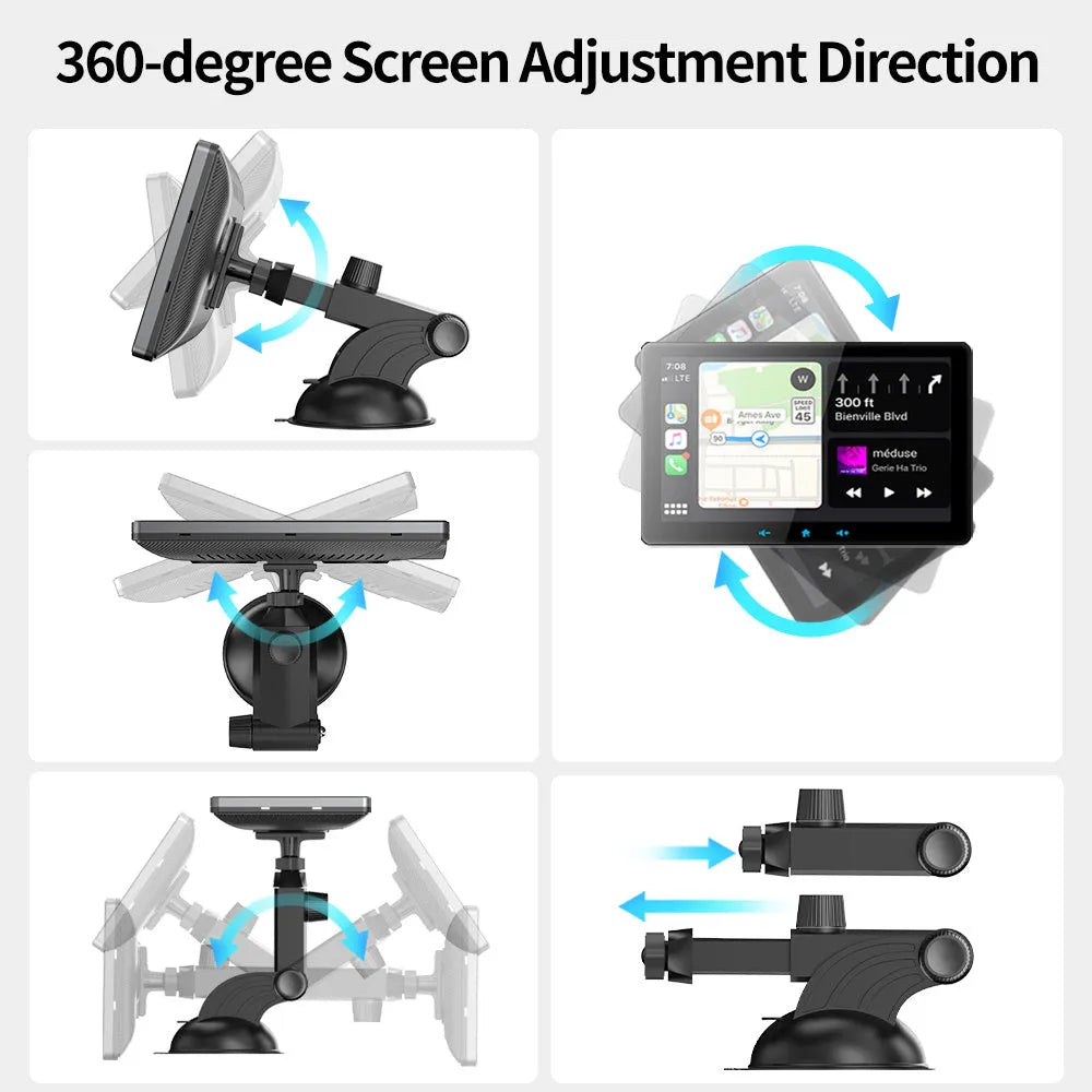 7-inch car wireless CarPlay display with suction cup mount and cigarette lighter power interface