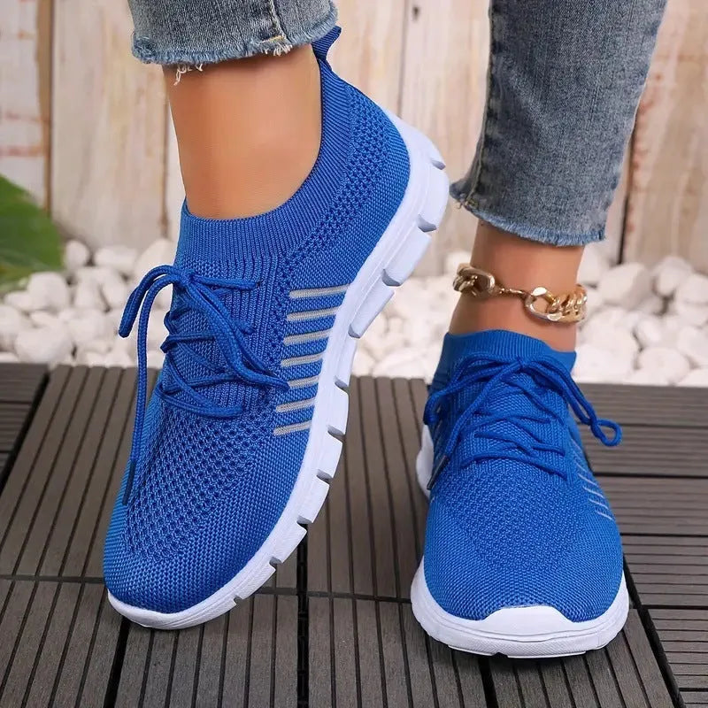 Women's casual breathable knit sports flat shoes with mesh upper and round toe in beige colour