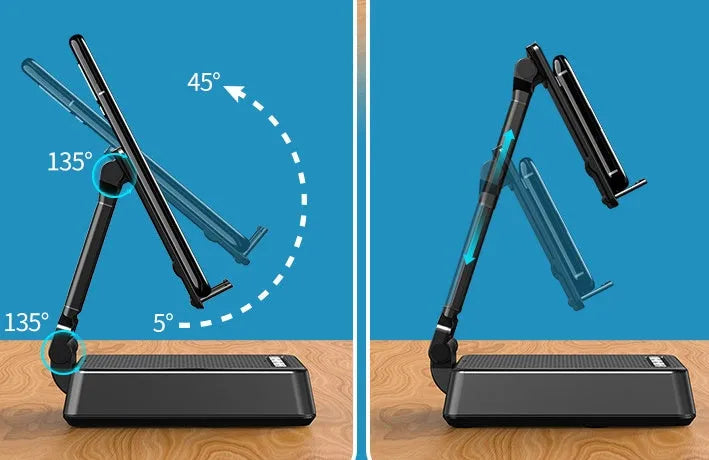 Black mobile phone broadcaster stand with Bluetooth speaker and microphone on a desk