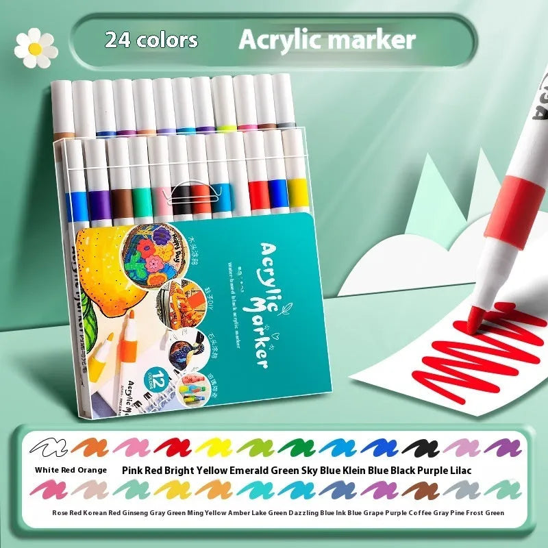 Acrylic marker pen set showing multicoloured plastic markers arranged by colour