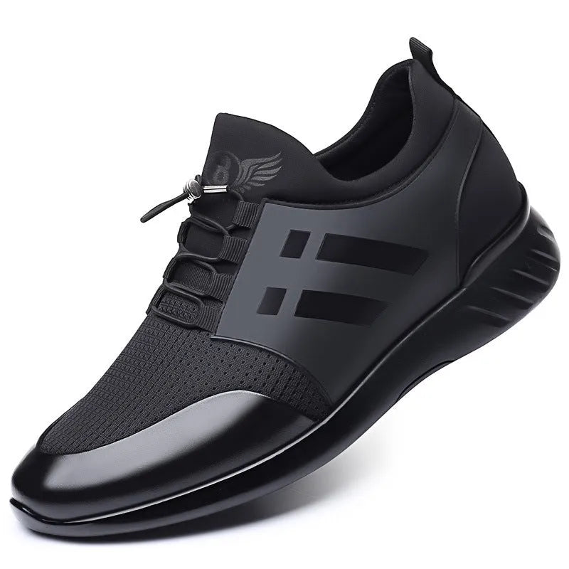 Men's black casual shoes with hidden height increase, available in leather or mesh with a chunky rubber sole.