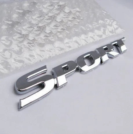 Sport tail sticker in silver electroplated finish, ABS material, 11.3cm length