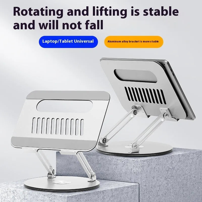 Silver aluminium laptop stand with height adjustment and rotation capability
